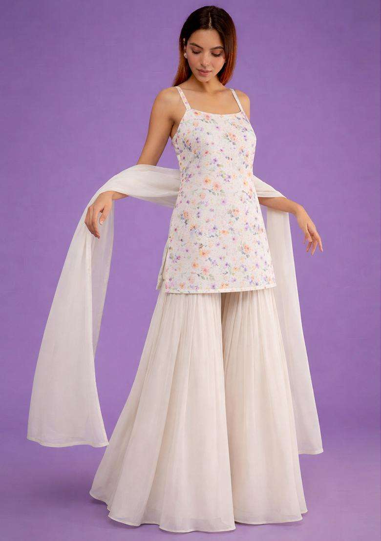 Off White Jacquard Georgette Sharara Set - Indya