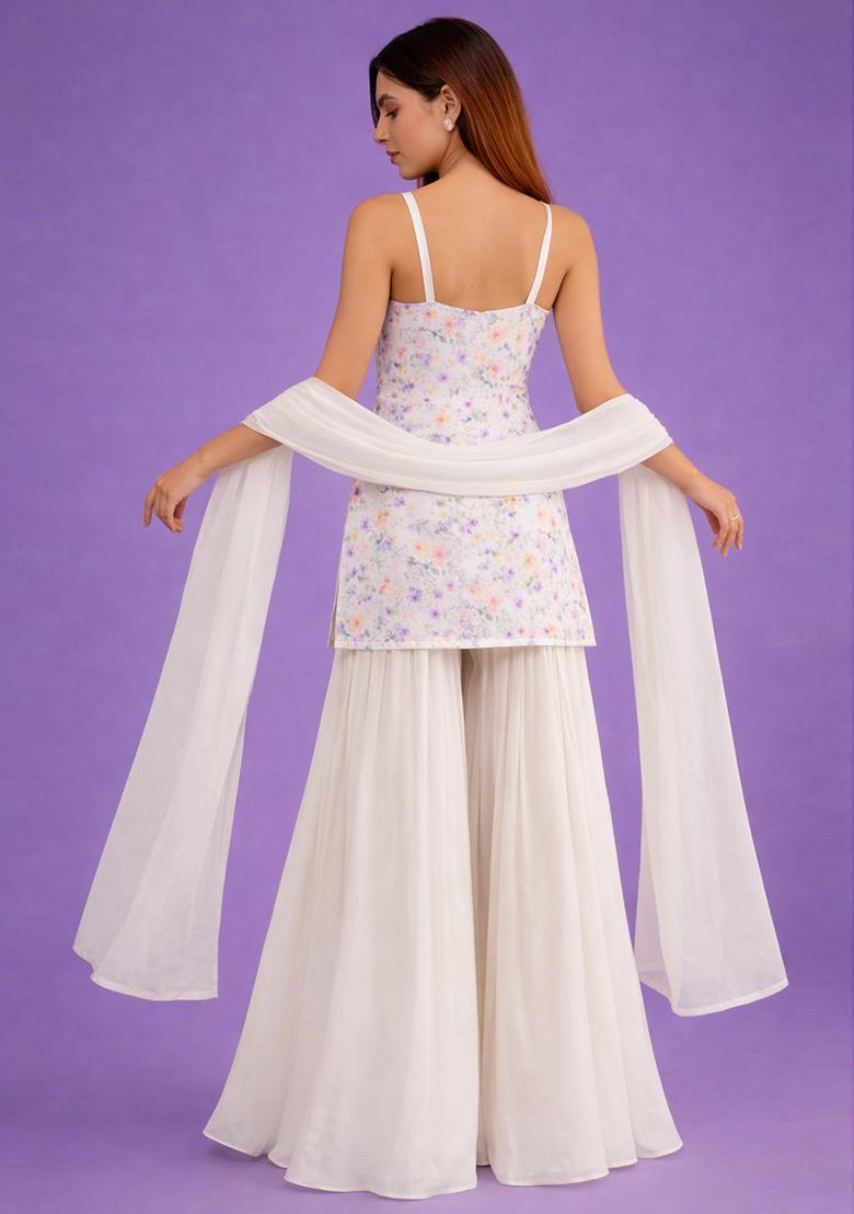 Off White Jacquard Georgette Sharara Set - Indya