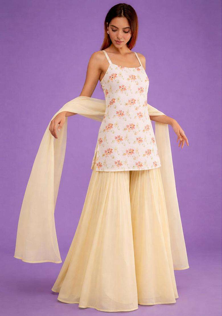Light Cream Jacquard Georgette Sharara Set - Indya