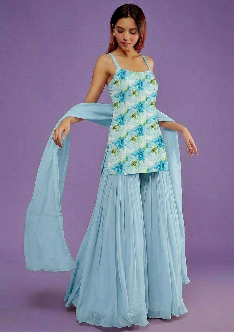 Powder Blue Jacquard Georgette Sharara Set - Indya