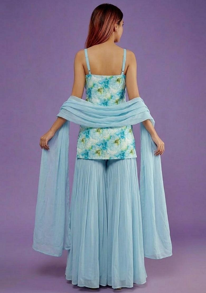 Powder Blue Jacquard Georgette Sharara Set - Indya