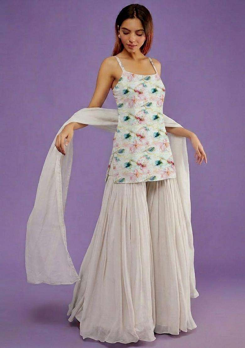 Ivory Jacquard Georgette Sharara Set - Indya