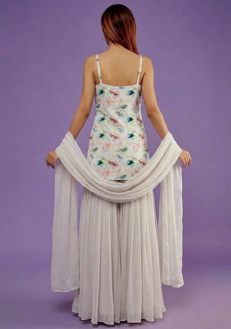 Ivory Jacquard Georgette Sharara Set - Indya