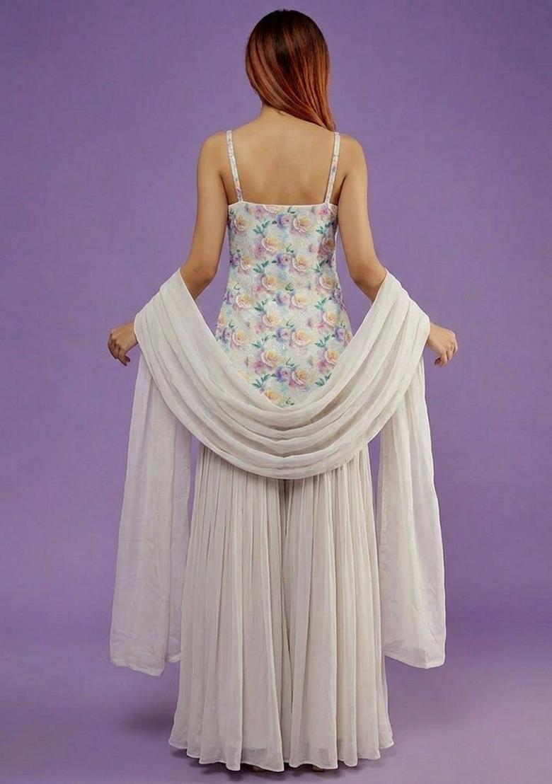 Ivory Jacquard Georgette Sharara Set - Indya