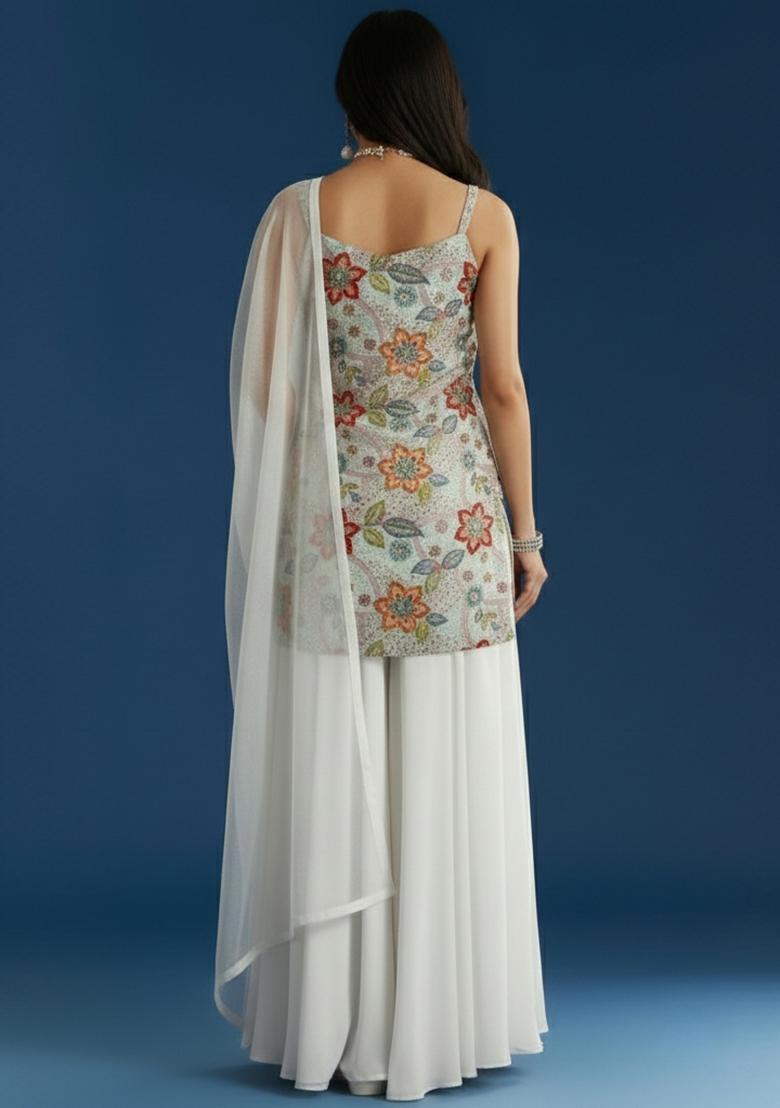 Ivory Embroidery Crepe Kurta set - Indya