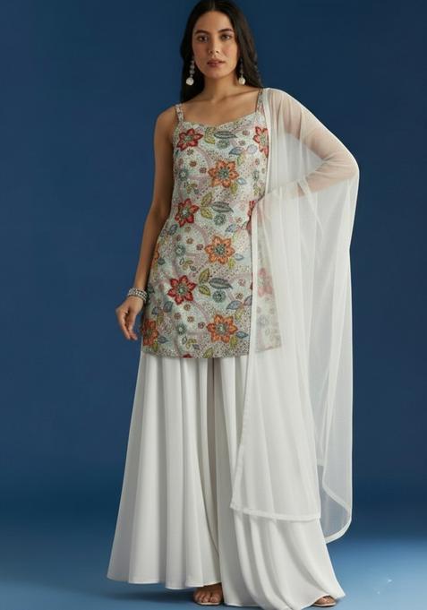 Ivory Embroidered Crepe Sharara Set