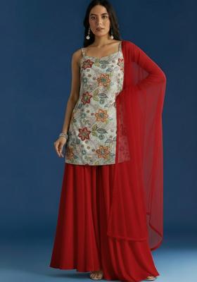 Deep Red Embroidery Crepe Kurta set