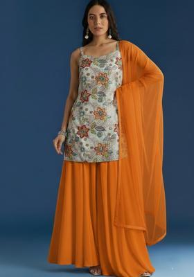 Orange Embroidery Crepe Kurta set
