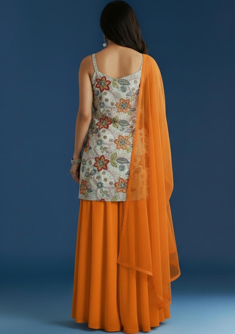 Orange Embroidery Crepe Kurta set - Indya