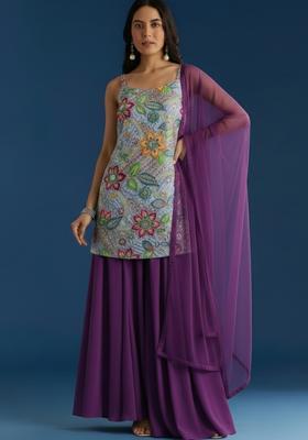 Purple Embroidery Crepe Kurta set