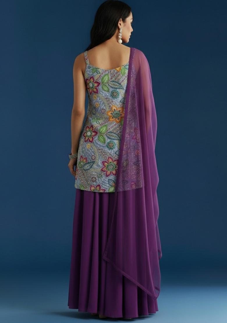 Purple Embroidery Crepe Kurta set - Indya