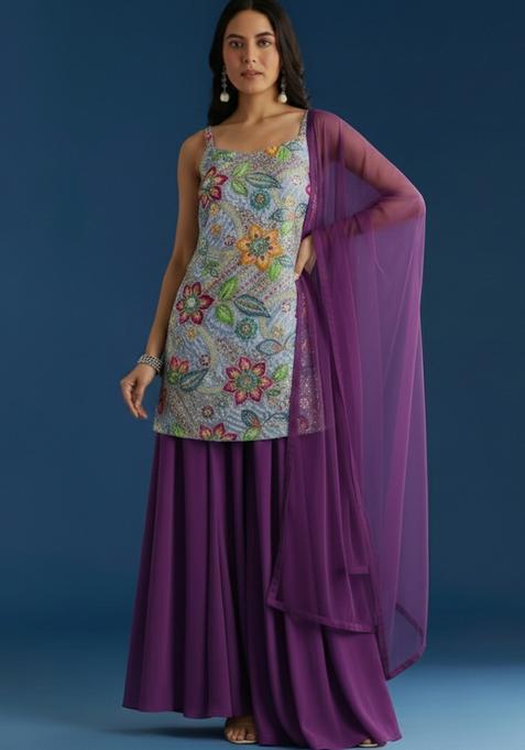 Purple Embroidered Crepe Sharara Set