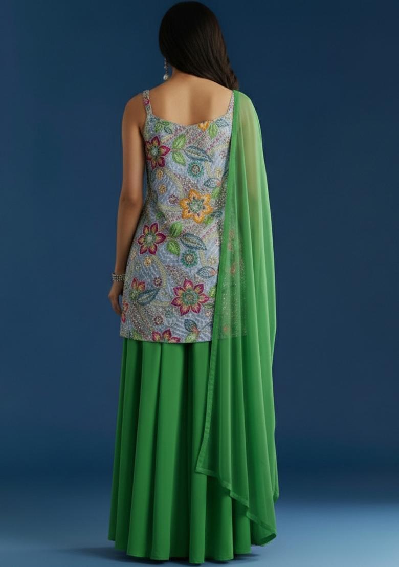 Emerald Green Embroidery Crepe Kurta set - Indya