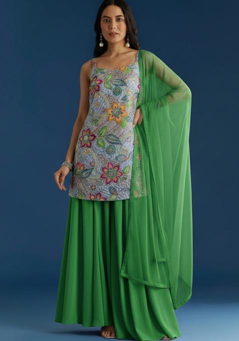 Emerald Green Embroidered Crepe Sharara Set