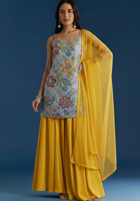 Yellow Embroidered Crepe Sharara Set
