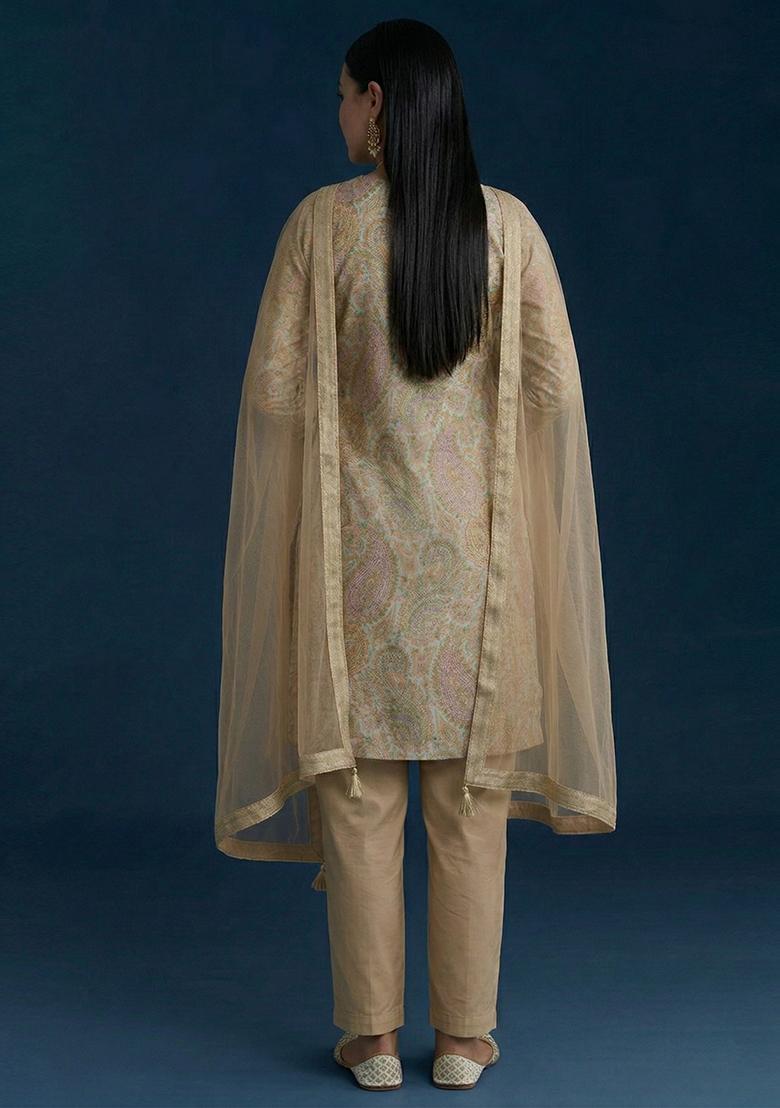 Beige Printed Jacquard kurta set - Indya