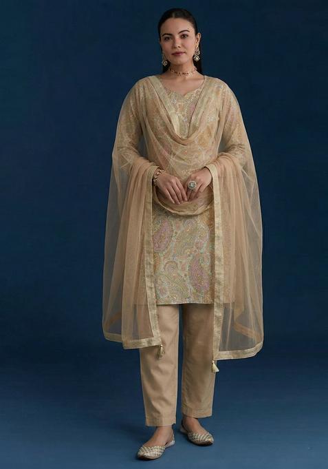 Beige Jacquard Jacquard Straight Kurta Set