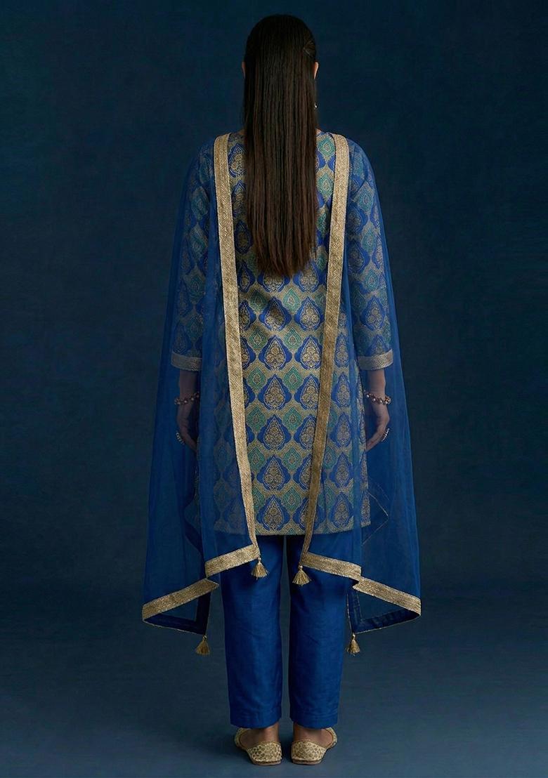 Royal Blue Printed Jacquard kurta set - Indya