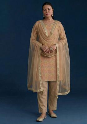Peach Printed Jacquard kurta set
