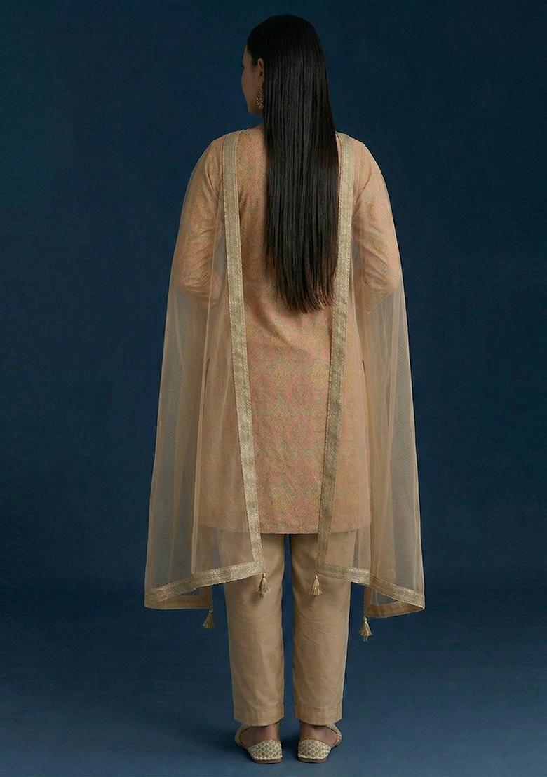 Peach Printed Jacquard kurta set - Indya