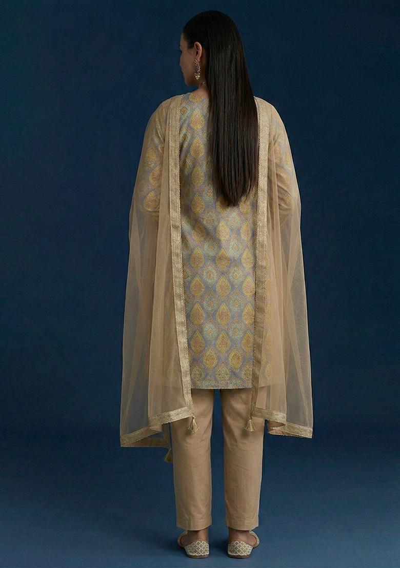 Beige Printed Jacquard kurta set - Indya