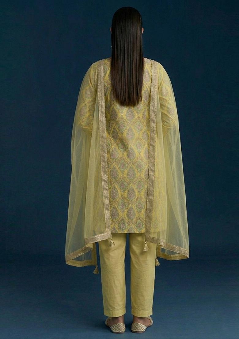 Soft Yellow Printed Jacquard kurta set - Indya
