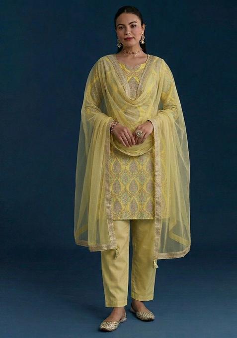 Soft Yellow Jacquard Jacquard Straight Kurta Set