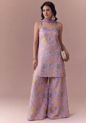 Lavender Floral Print Jacquard kurta set