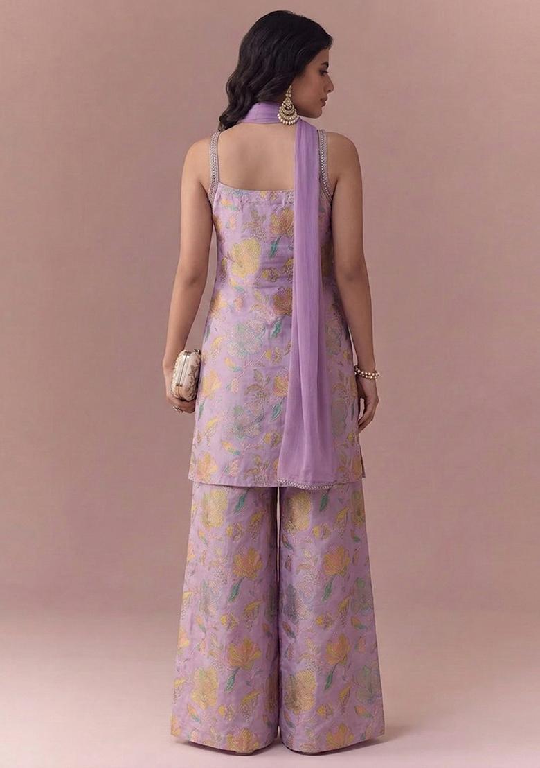Lavender Floral Print Jacquard kurta set - Indya