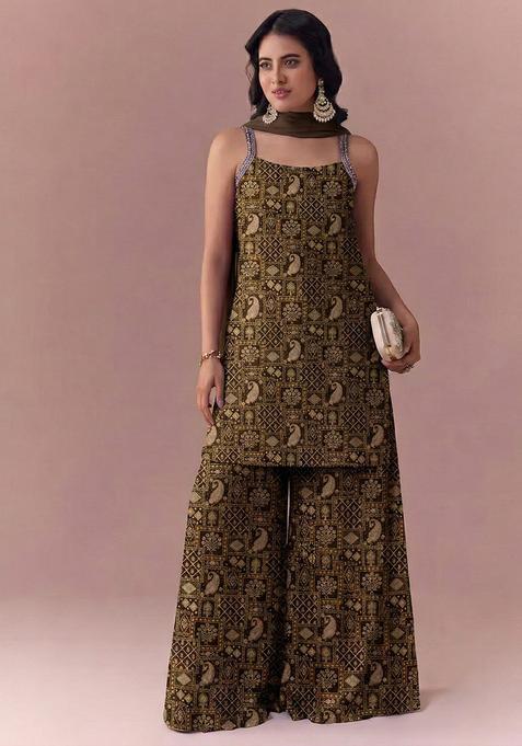 Olive Green Printed Jacquard Sharara Set