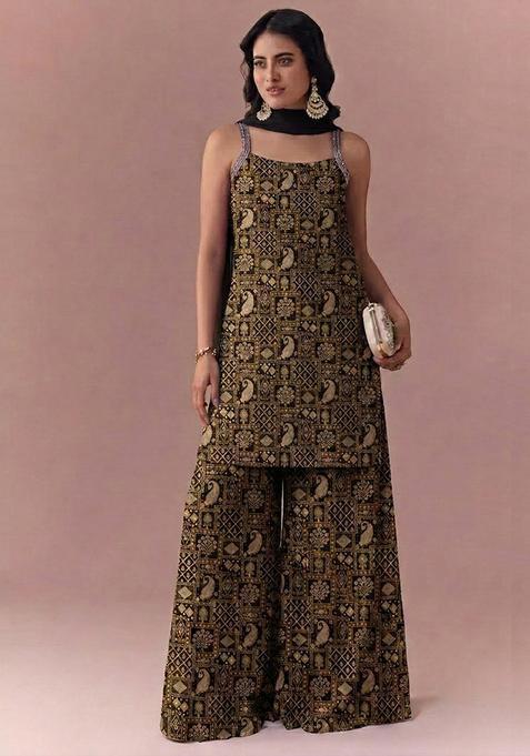 Olive Green Printed Jacquard Sharara Set