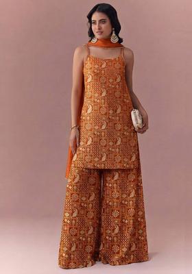 Rust Printed Jacquard kurta set