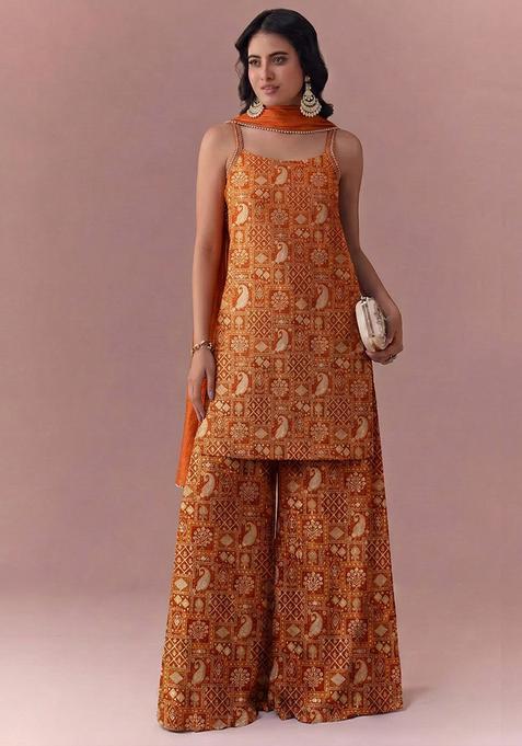 Rust Printed Jacquard Sharara Set