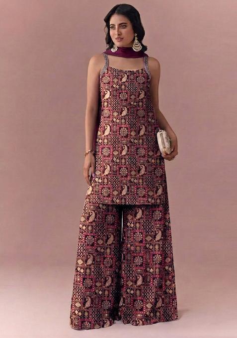 Brown Printed Jacquard Sharara Set