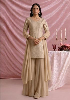 Beige Jacquard Silk Sharara set