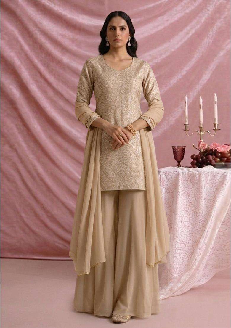 Beige Jacquard Silk Sharara set - Indya
