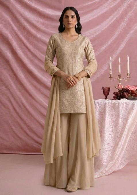 Beige Jacquard Silk Sharara set