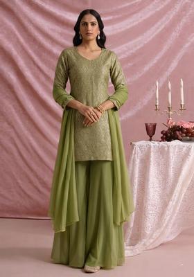 Olive Green Jacquard Silk Sharara set