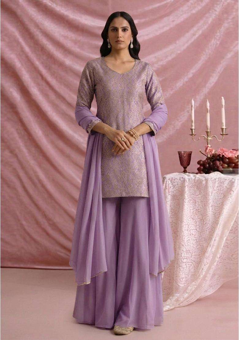Lavender Jacquard Silk Sharara set - Indya