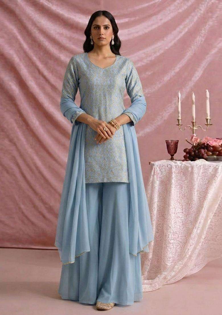 Powder Blue Jacquard Silk Sharara set - Indya