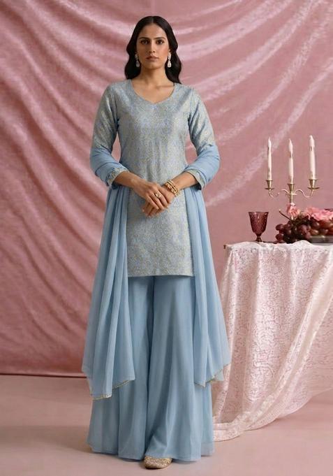 Powder Blue Jacquard Silk Sharara set
