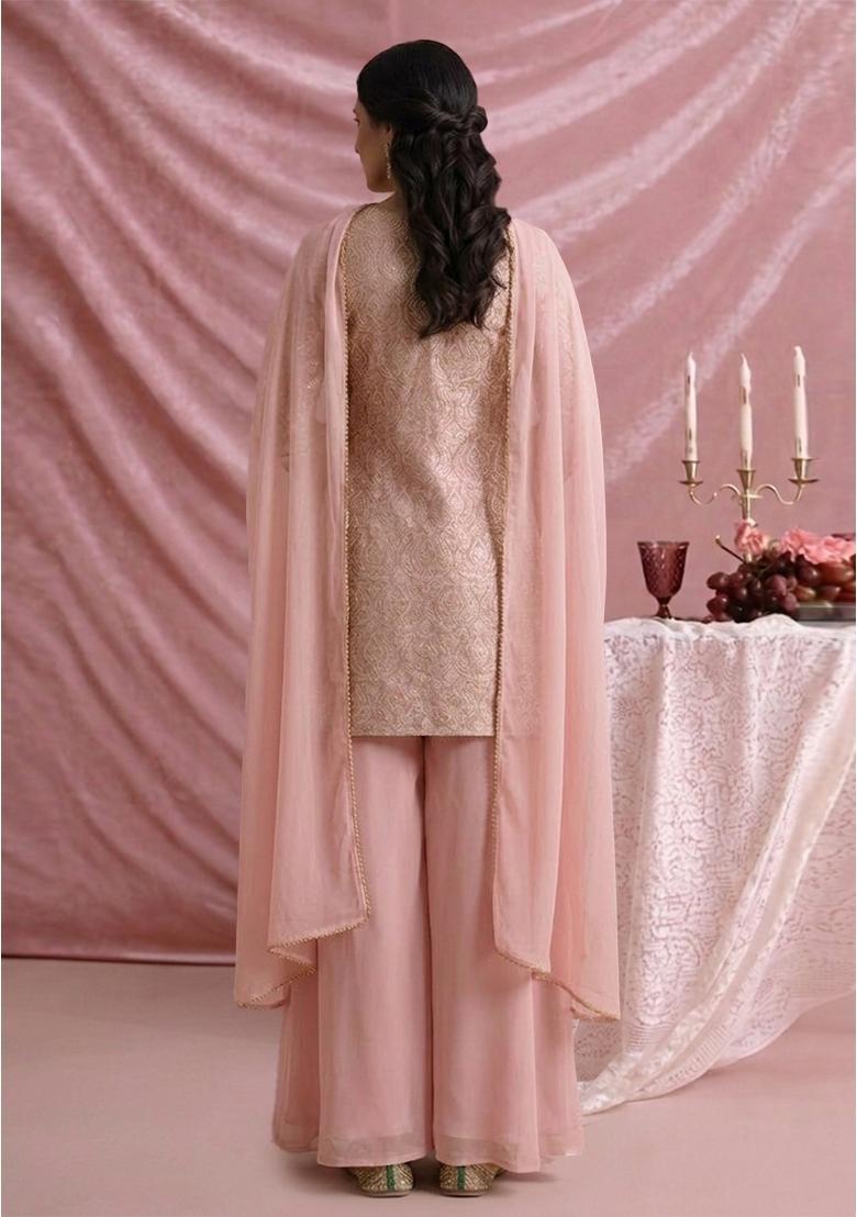 Light Pink Jacquard Silk Sharara set - Indya