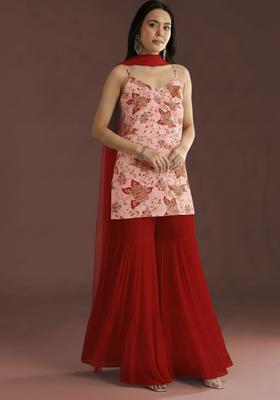 Deep Red Embroidery Crepe sharara Set 