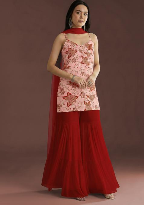 Deep Red Embroidery Crepe sharara Set 