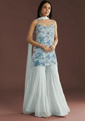 Ice Blue Embroidery Crepe sharara Set 