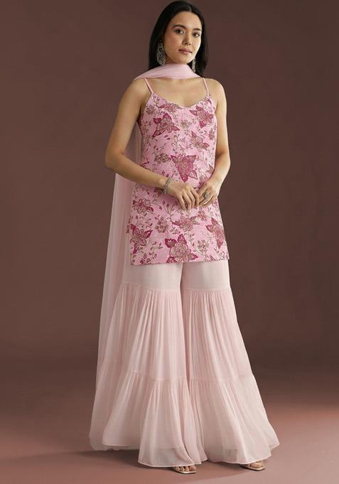 Light Pink Embroidery Crepe sharara Set 