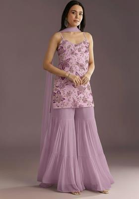 Lavender Embroidery Crepe sharara Set 