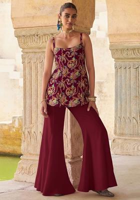 Maroon Embroidery Crepe Palazoo Set 