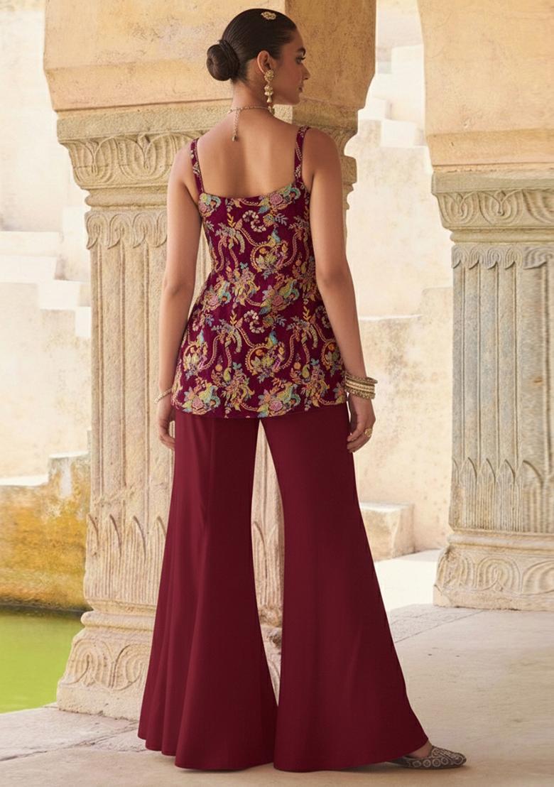 Maroon Embroidery Crepe Palazoo Set  - Indya