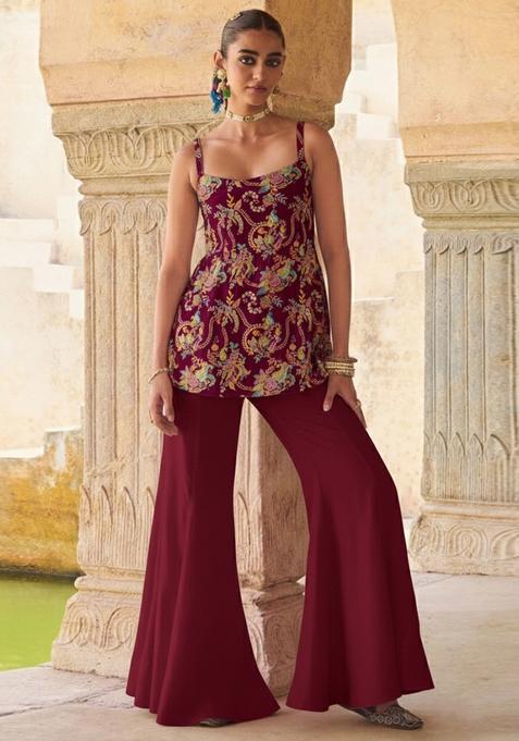 Maroon Embroidery Crepe Palazoo Set 